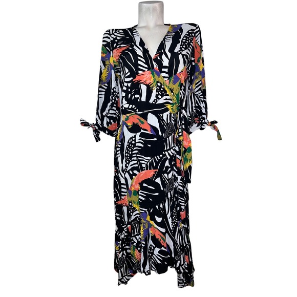New York & Company Dresses & Skirts - NY & Co. Women's Size S Tropical Bird Print Wrap Midi Dress Black White Small